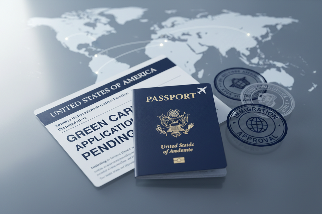 green card application pending, us passport, world map background
