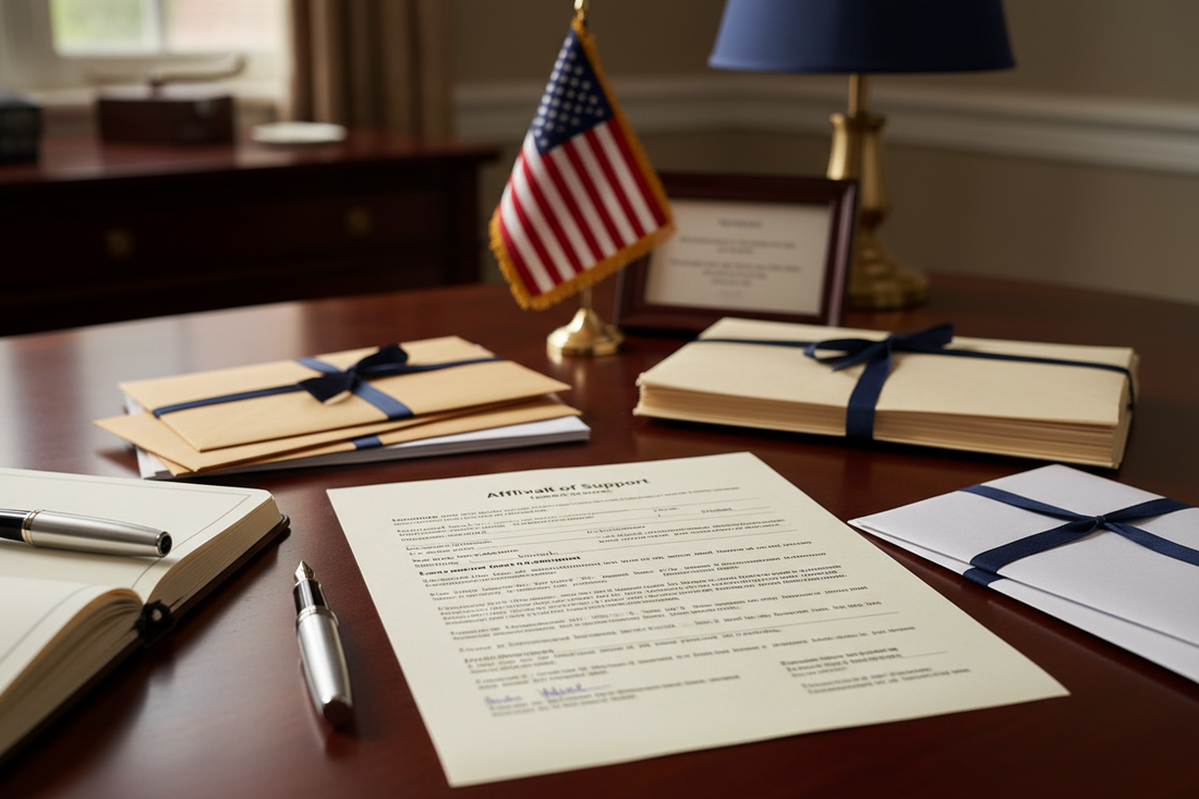 documents stacking orderly, American flag foreground