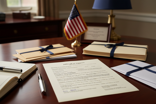 documents stacking orderly, American flag foreground
