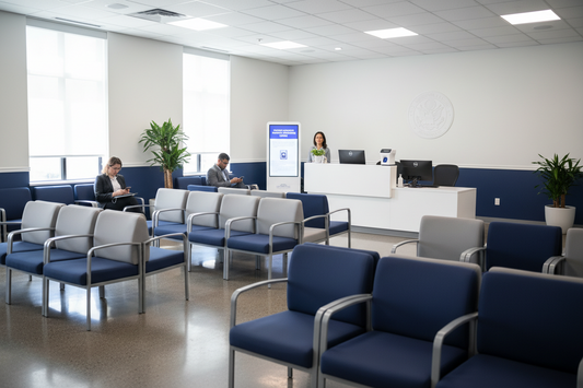 waiting room with two people siting, one working behind counter