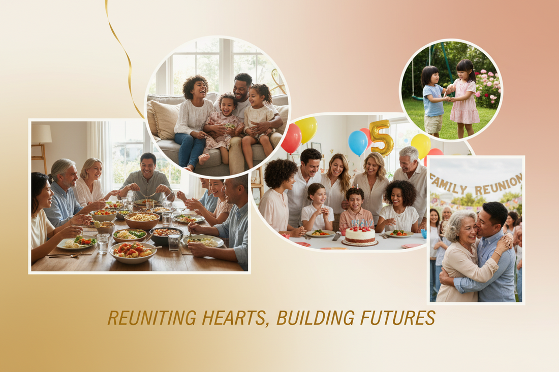 families dining table to celebrate,collage of children and families 