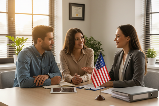 couple being interviewed, American flag on table