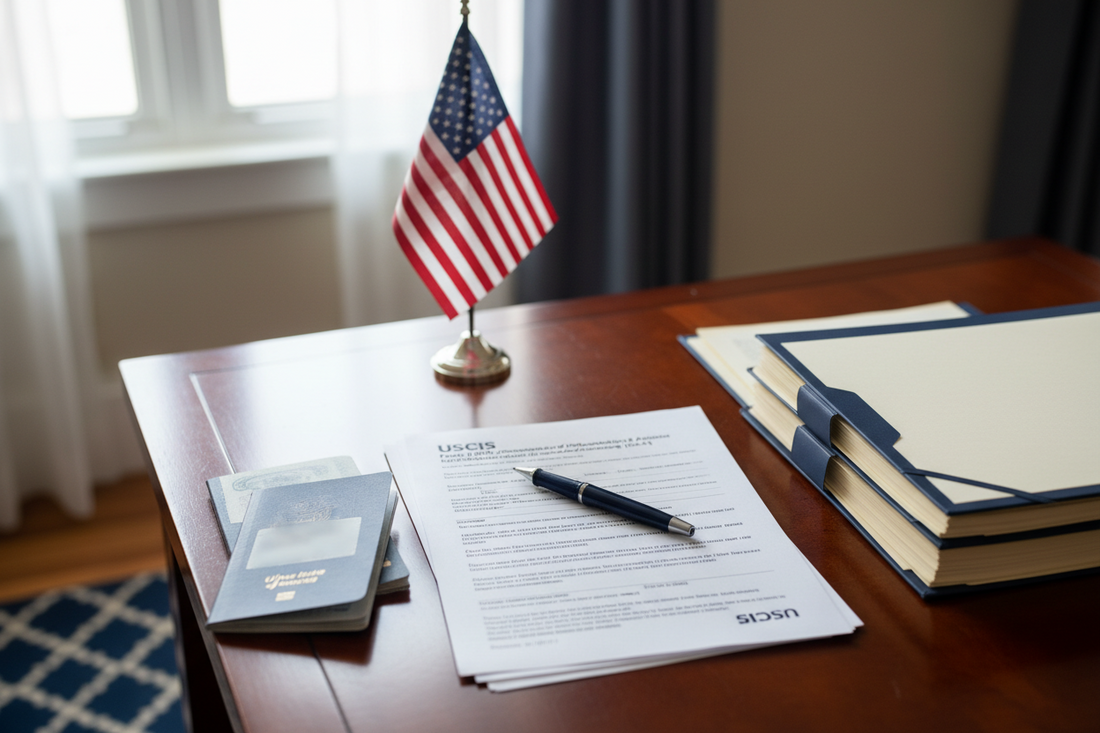 us flag background with document and passport foreground