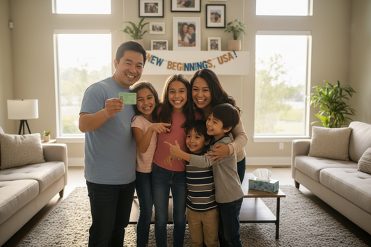 family celebrating, dad holding green card