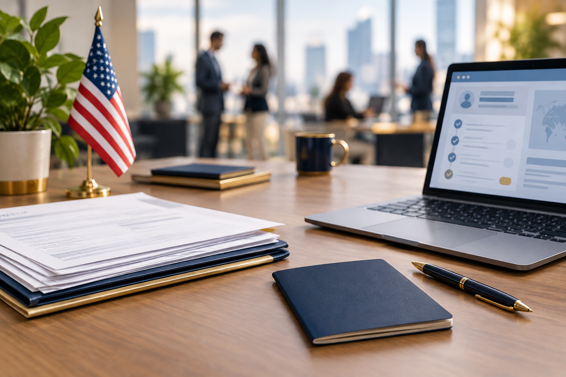 Application documents, a passport, and a laptop on an office desk with a United States flag, illustrating H-1B registration preparation.