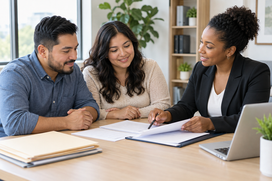 A couple organizing immigration paperwork with a consultant in a welcoming office.