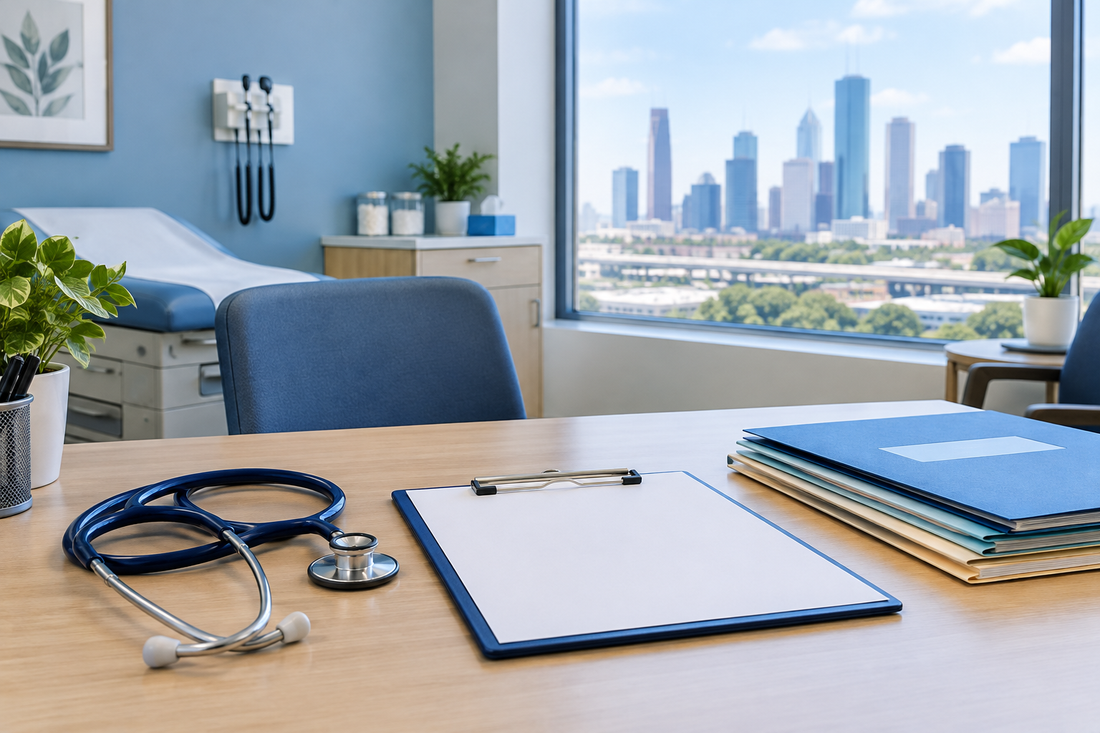 Illustration of a medical consultation desk with a stethoscope and records, with the Houston skyline in the background.