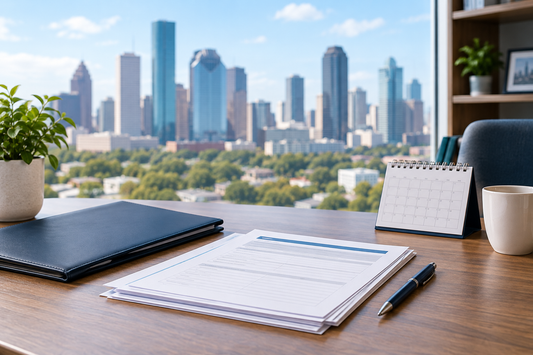 Organized appointment documents and a navy folder with the Houston skyline in the background.