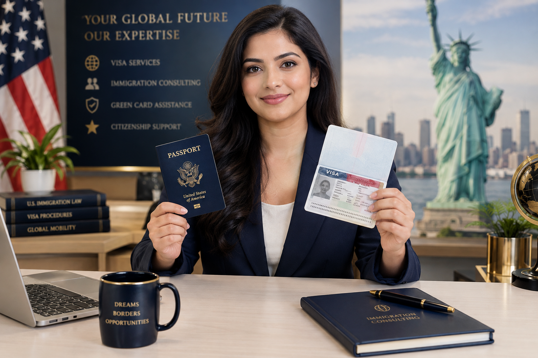 Woman holding a U.S. passport and an open passport displaying a visa at a desk, with an American flag and Statue of Liberty image behind her.