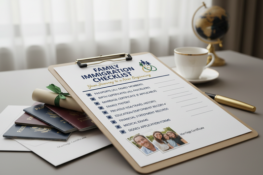 immigration checklist on clipboard, passports underneath