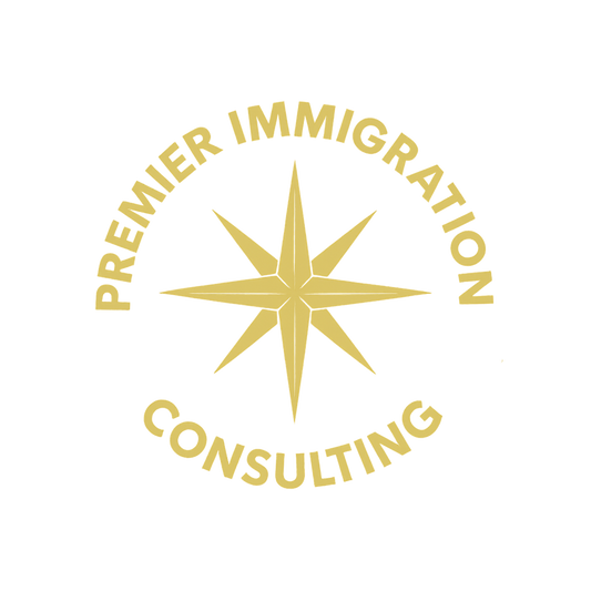 Premier Immigration Consulting logo with gold lettering surrounding an eight-point compass star.