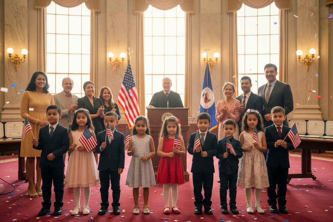 children at naturalization ceremony with family in front of judge.