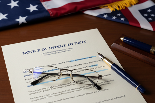 Notice of Intent to deny, reading glass, pen, us flag