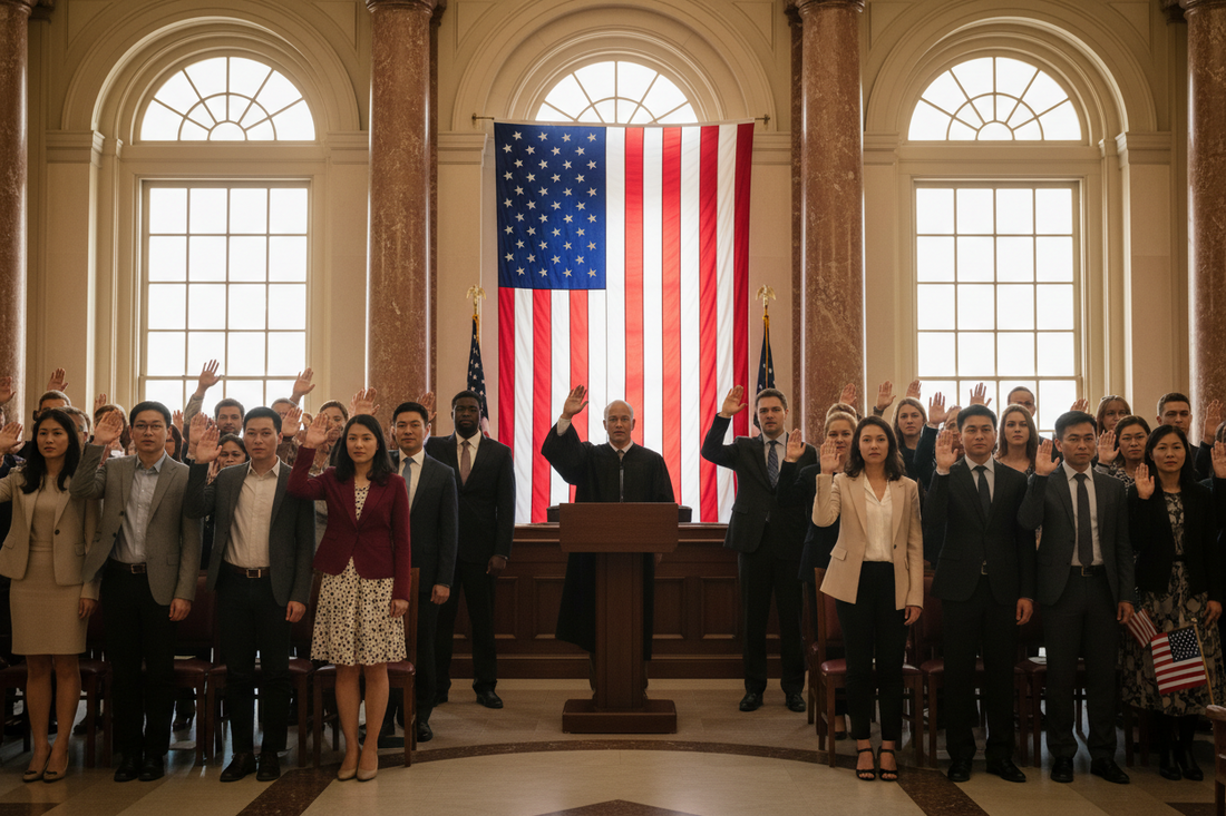 oath ceremony, people standing with a judge raising right hands
