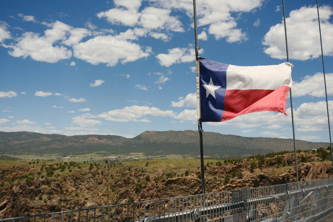 Texas flag waving on a bridge with mountains