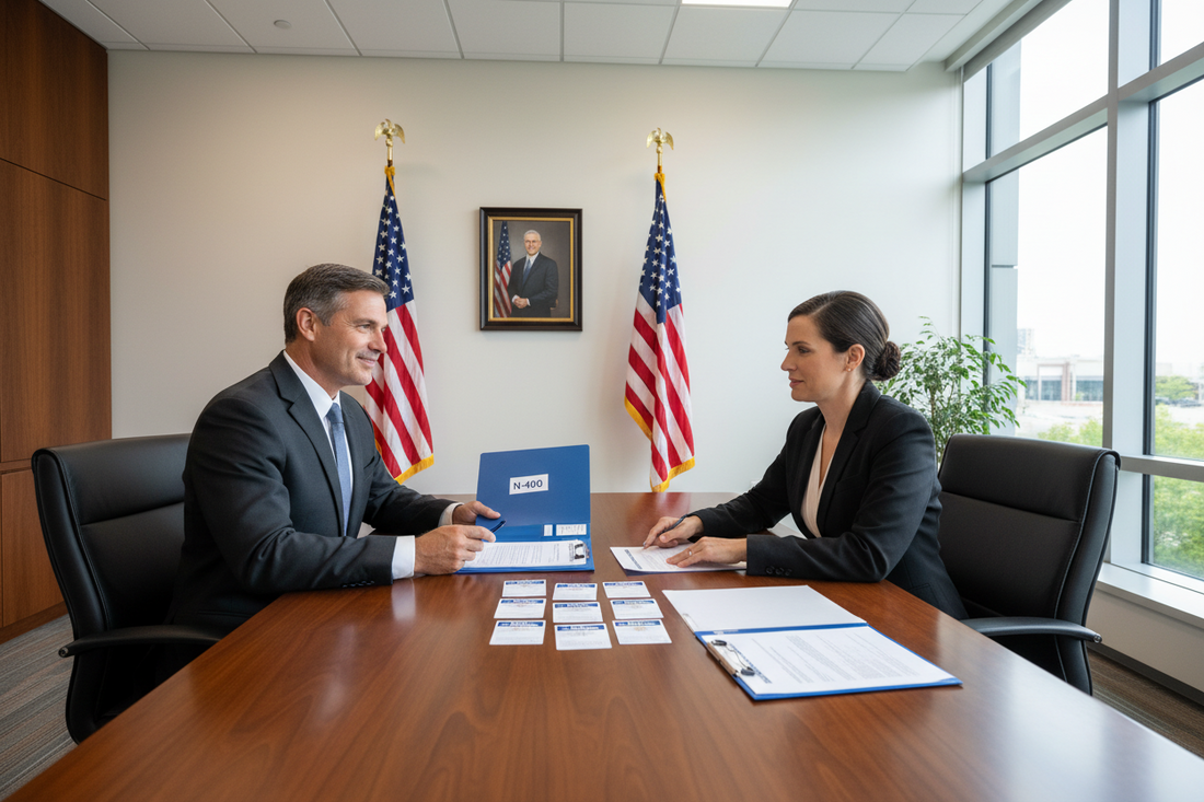 a male and female in interview room, 2 American flags in background