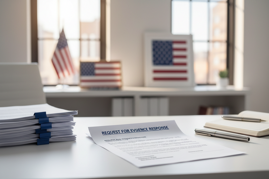 request for evidence response lay out on desk, American flags in background