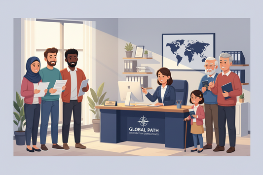 TPS applicants standing around immigration officer in office