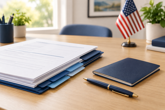 Organized immigration application paperwork and document folders on an office desk