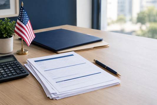 Immigration paperwork, calculator, and American flag on an office desk