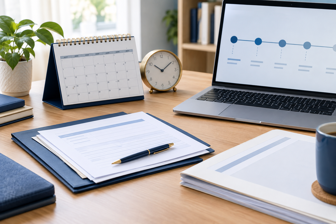 Calendar, clock, organized paperwork, and a laptop displaying a timeline on a desk.