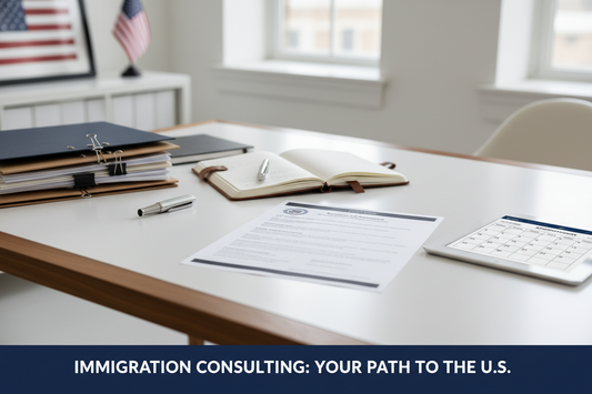 documents on desk, us flags on background, immigration consulting: your path to the US